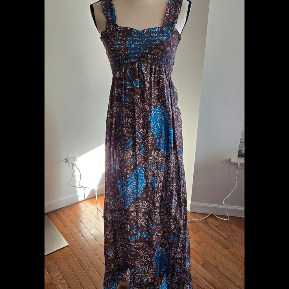 SO wear it declare it y2k brown blue print maxi dress cotton boho hippie small